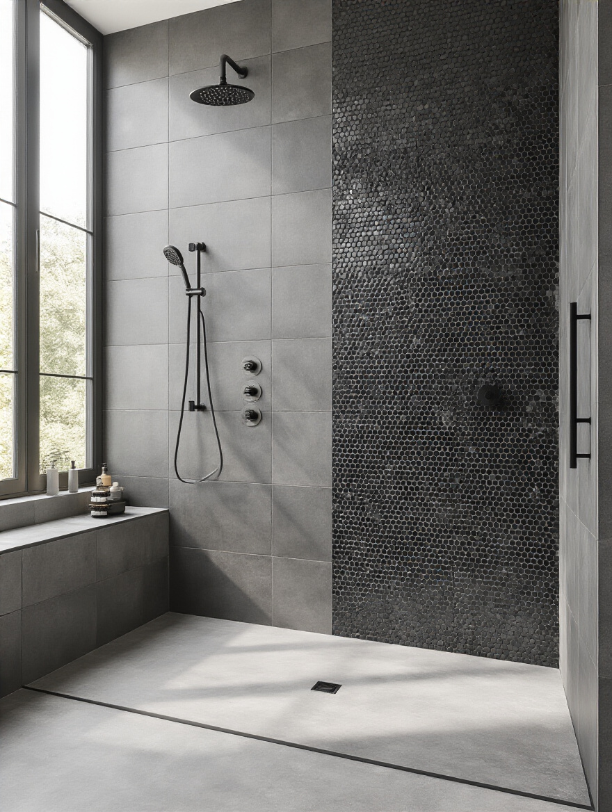 Industrial bathroom shower featuring dark grey porcelain tiles on main walls and a contrasting black hexagon mosaic accent wall to define the shower zone.
