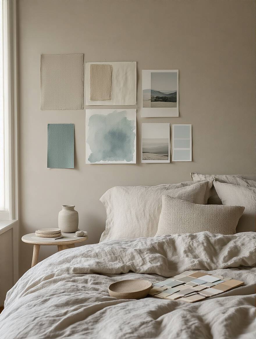 A beautifully styled bedroom corner with mood board elements and art print swatches, representing the process of defining a desired bedroom ambiance.