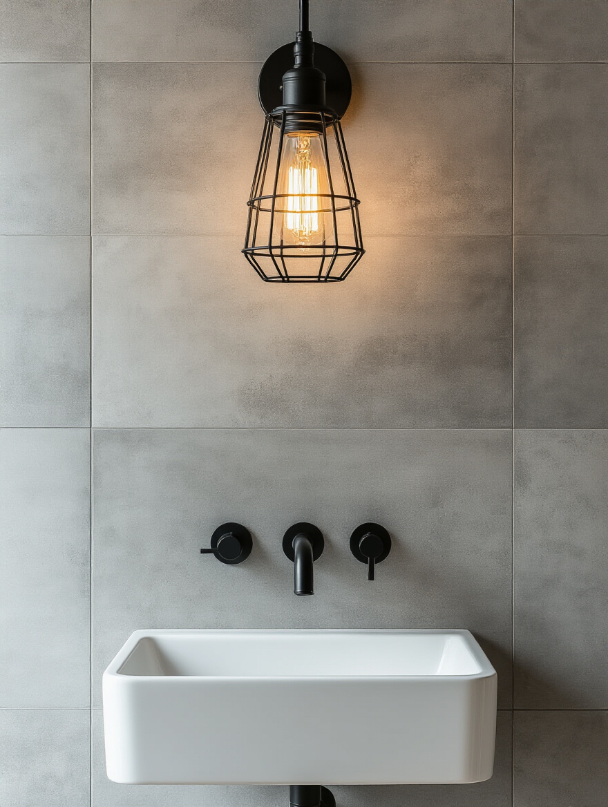 Three distinct industrial bathroom aesthetics side-by-side: modern, rustic, and steampunk grunge, with various tiles and fixtures representing each style for an urban bathroom look.