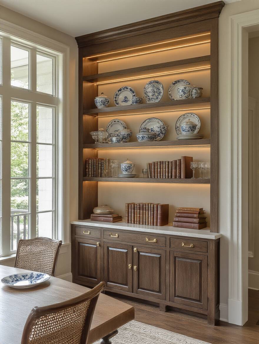 Elegant dining room with a built-in wall unit featuring glass-front cabinets, open shelving displaying ceramics, and lower closed storage.