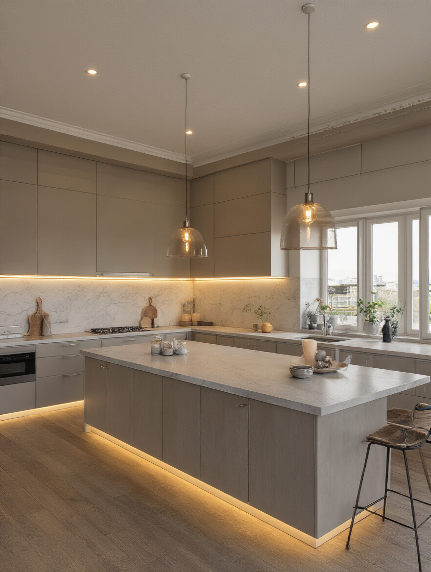 Portrait-style modern kitchen with layered task, ambient, and accent lighting