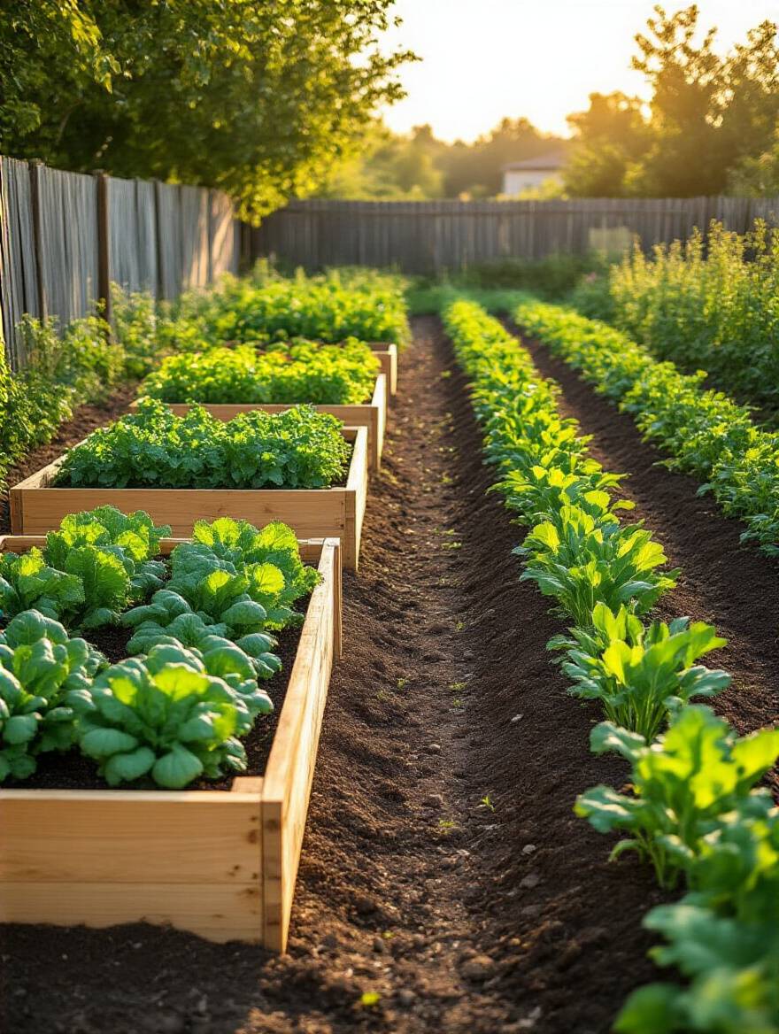 A side-by-side view comparing a lush, well-maintained wooden raised garden bed brimming with diverse vegetables, and a neat, abundant in-ground vegetable garden plot, both representing ideal garden layouts for home growing.