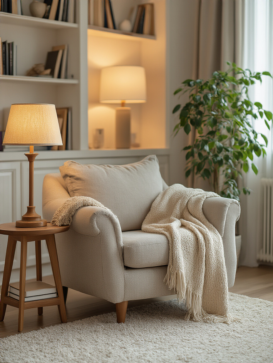 Cozy tech-free zone living room corner with warm lighting and plants