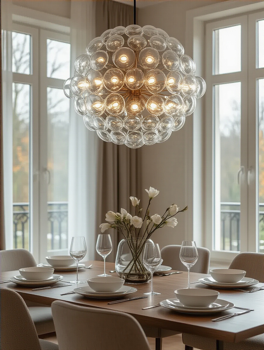 Modern dining room with a stylish chandelier perfectly positioned above a dining table, showcasing the ideal height and balanced illumination.