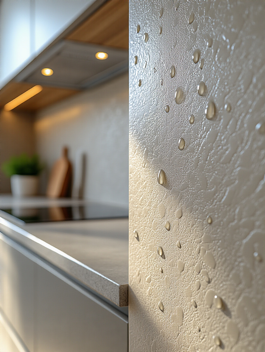 High-resolution portrait of a section of durable, moisture-resistant vinyl kitchen wallpaper with water droplets beading, emphasizing its suitability for high-traffic, splash-prone kitchen environments.