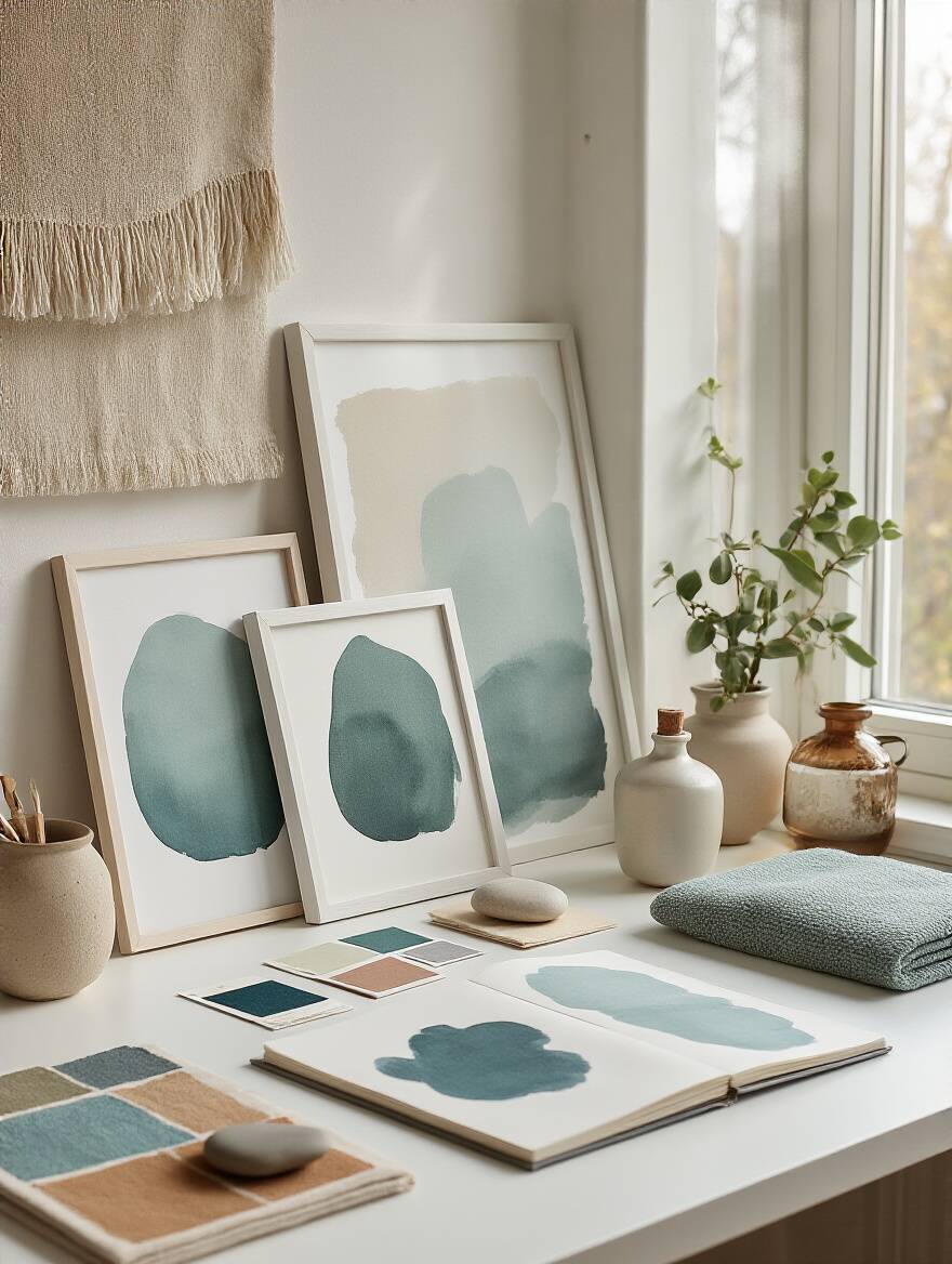 Arrangement of art prints, fabric swatches, and paint chips on a desk, representing the process of determining a bedroom's personal color palette and mood for art prints, featuring serene blues, greens, and neutral tones.