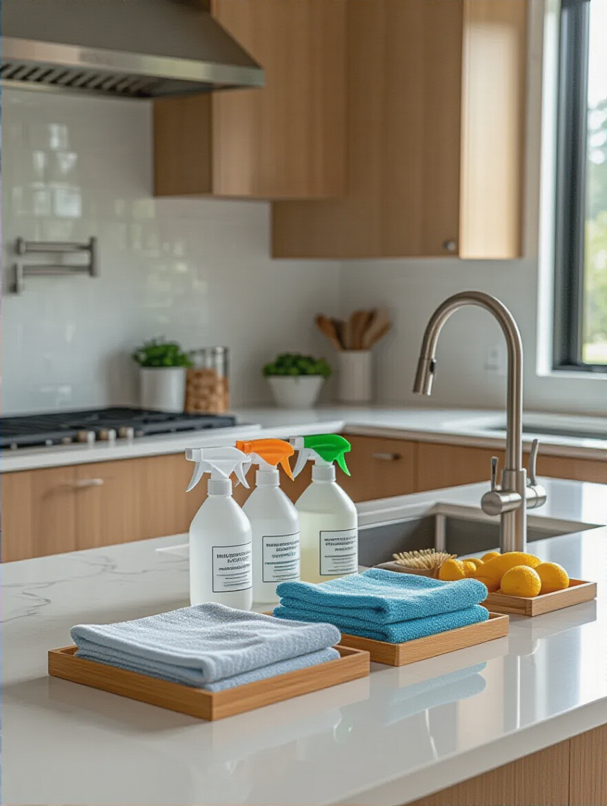 Portrait view of a modern kitchen with a clean cleaning station on a pristine countertop.