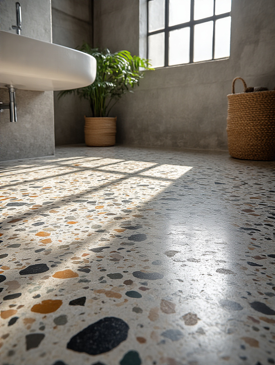 Industrial bathroom terrazzo floor featuring large aggregates of crushed concrete, metal shavings, and recycled glass, creating a subtly textured, rugged urban look under natural light.
