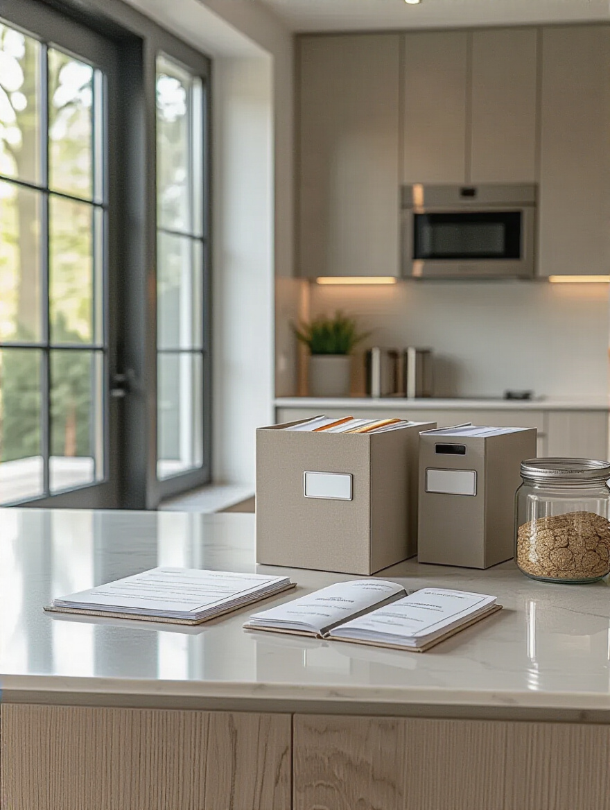 Organized warranty documentation and maintenance records on a kitchen counter