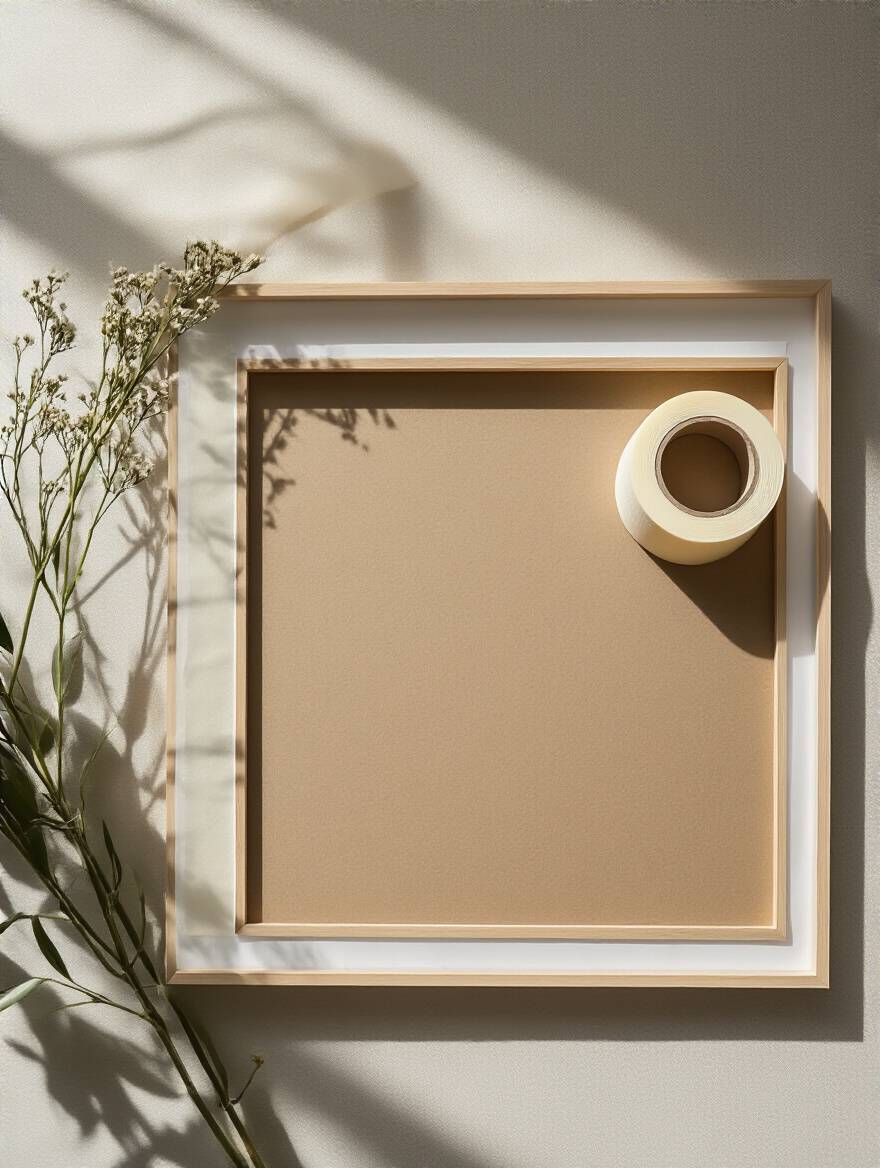 Image shows archival foam core and sealing tape for art print backing, ready for frame assembly to protect artwork from dust and damage.