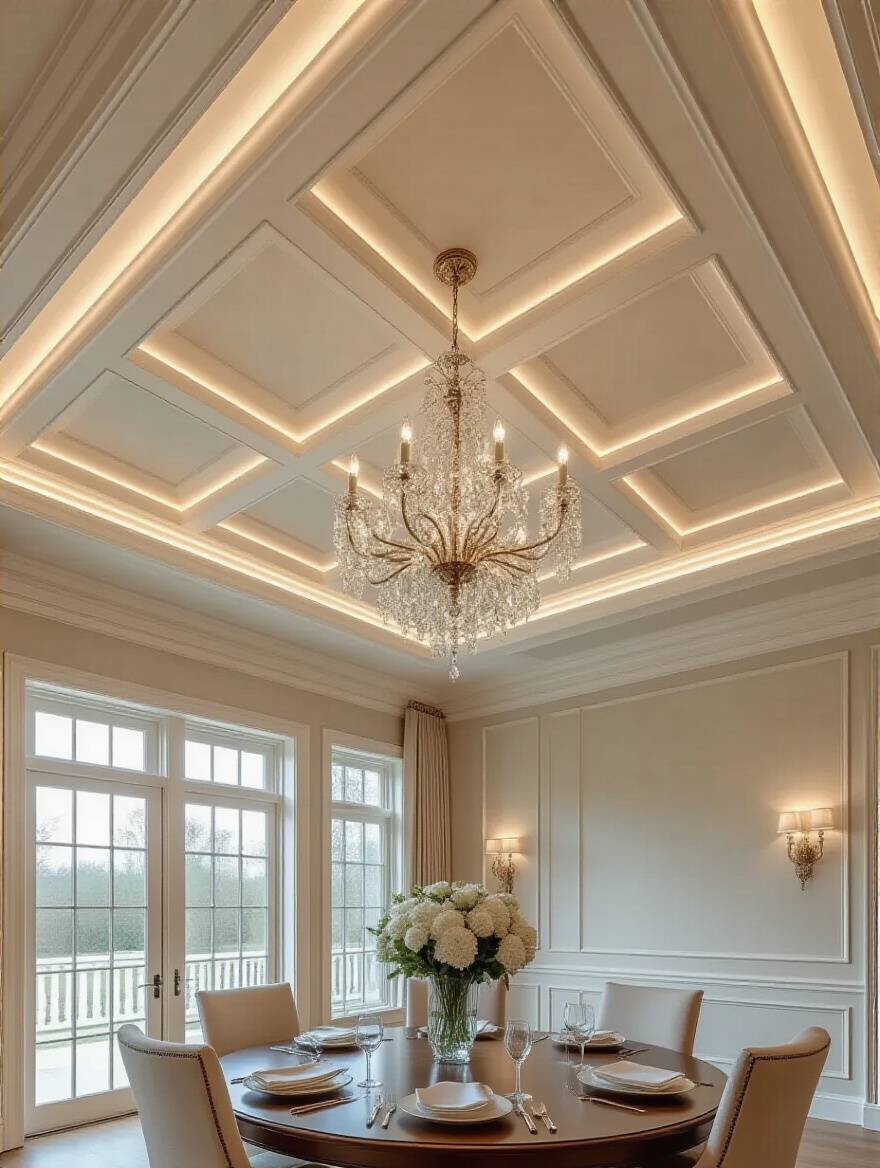 A luxurious dining room featuring a cream coffered ceiling with integrated lighting and a chandelier, illustrating architectural details that elevate the space.