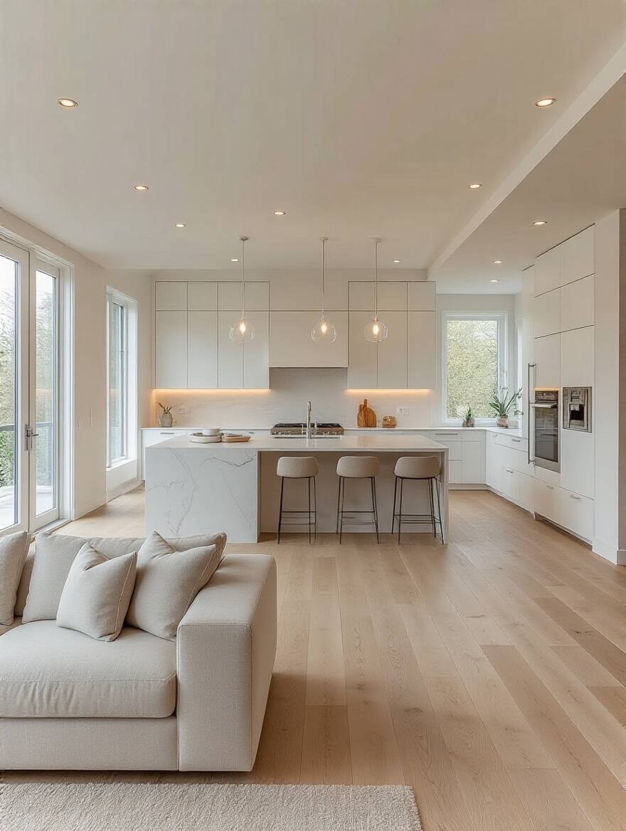 A modern open concept kitchen with a large island and seating, seamlessly connecting to a bright dining and living area with matching light wood flooring, demonstrating a sociable and integrated home design.