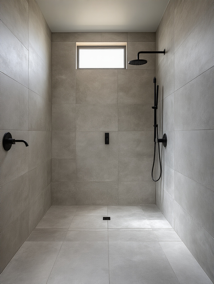Modern industrial bathroom with seamless light gray concrete-look porcelain tiles in the shower area and on the floor, featuring minimalist black fixtures.