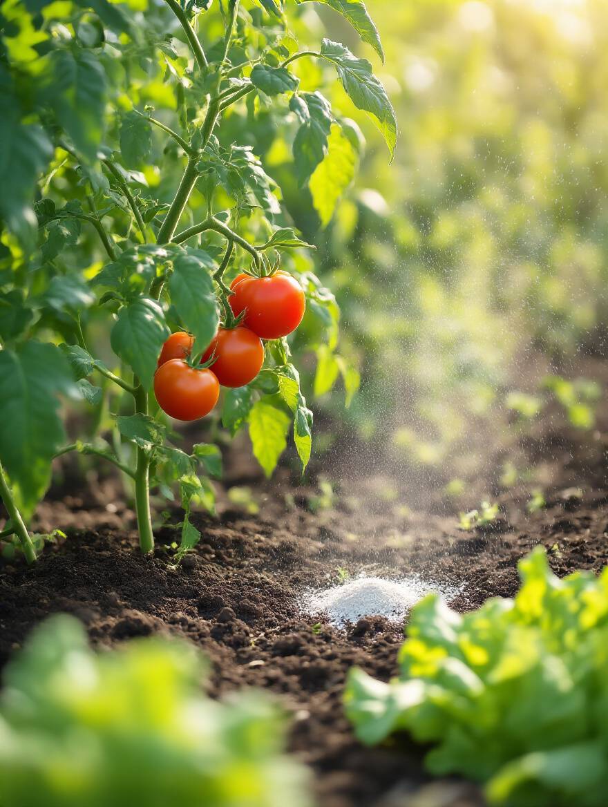 A portrait view of organic pest control methods in a home vegetable garden, showing neem oil being sprayed on a tomato plant and diatomaceous earth dusted around a lettuce plant base in soft morning light.