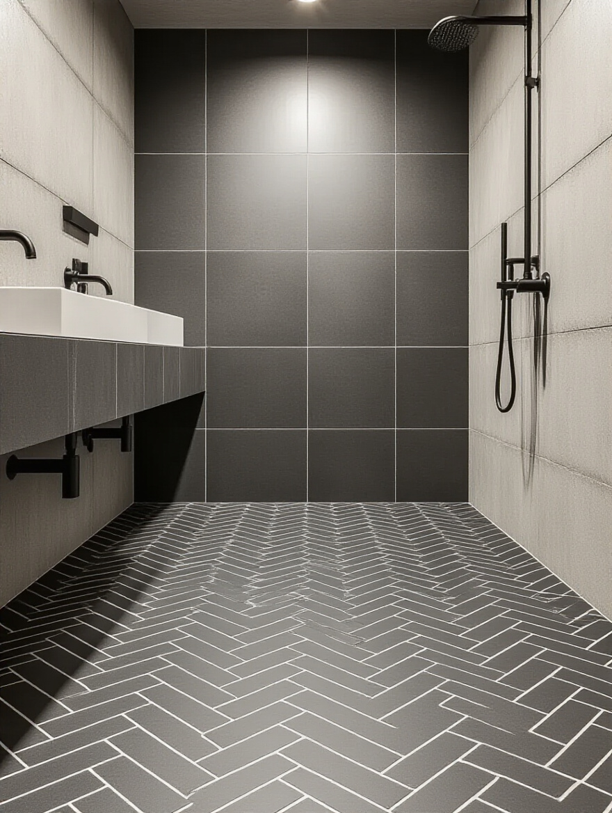 Close-up of industrial bathroom floor featuring dark matte charcoal porcelain tiles in a herringbone pattern with subtle dark grey grout, creating visual depth.
