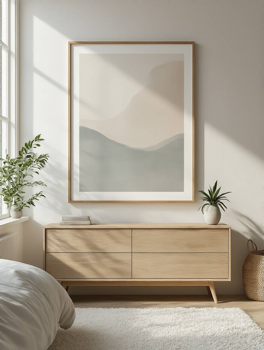 A perfectly centered abstract art print on a bedroom wall above a wooden dresser, illuminated by soft natural light, illustrating the optimal eye-level hanging height for bedroom decor.