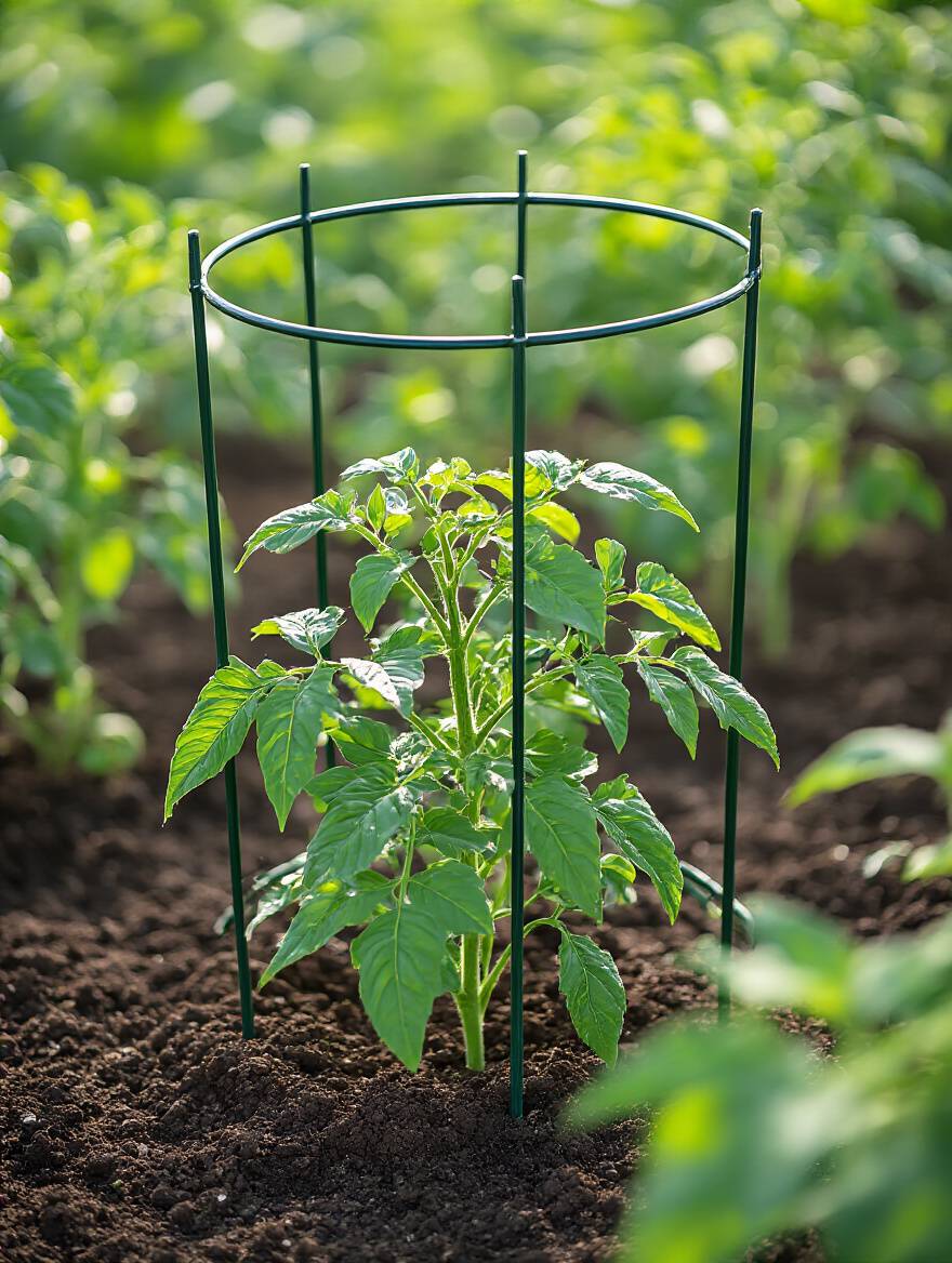 A young tomato plant beginning to vine, surrounded by a securely installed metal tomato cage in rich garden soil, symbolizing early vertical support for optimal growth.