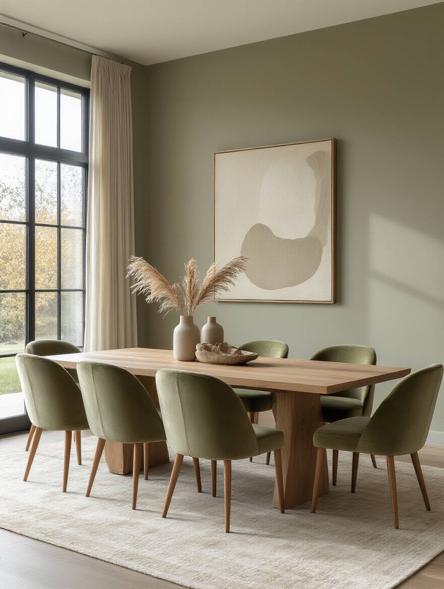 Modern dining room with a cohesive color palette featuring warm greige walls, natural wood furniture, and olive green velvet accent chairs, creating a unified and inviting atmosphere.