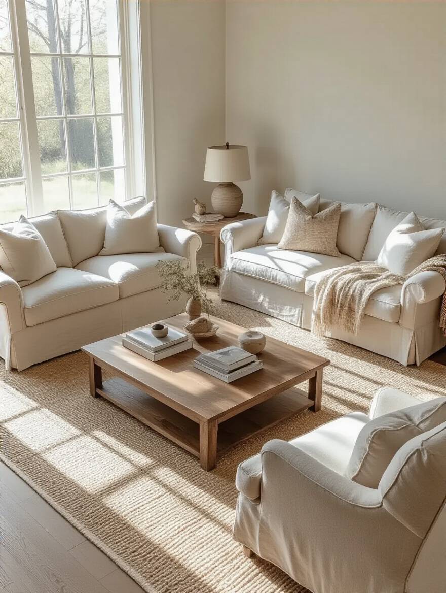 Living room with cohesive style aesthetic, unified design, harmonious furniture, thoughtful color palette, natural light.