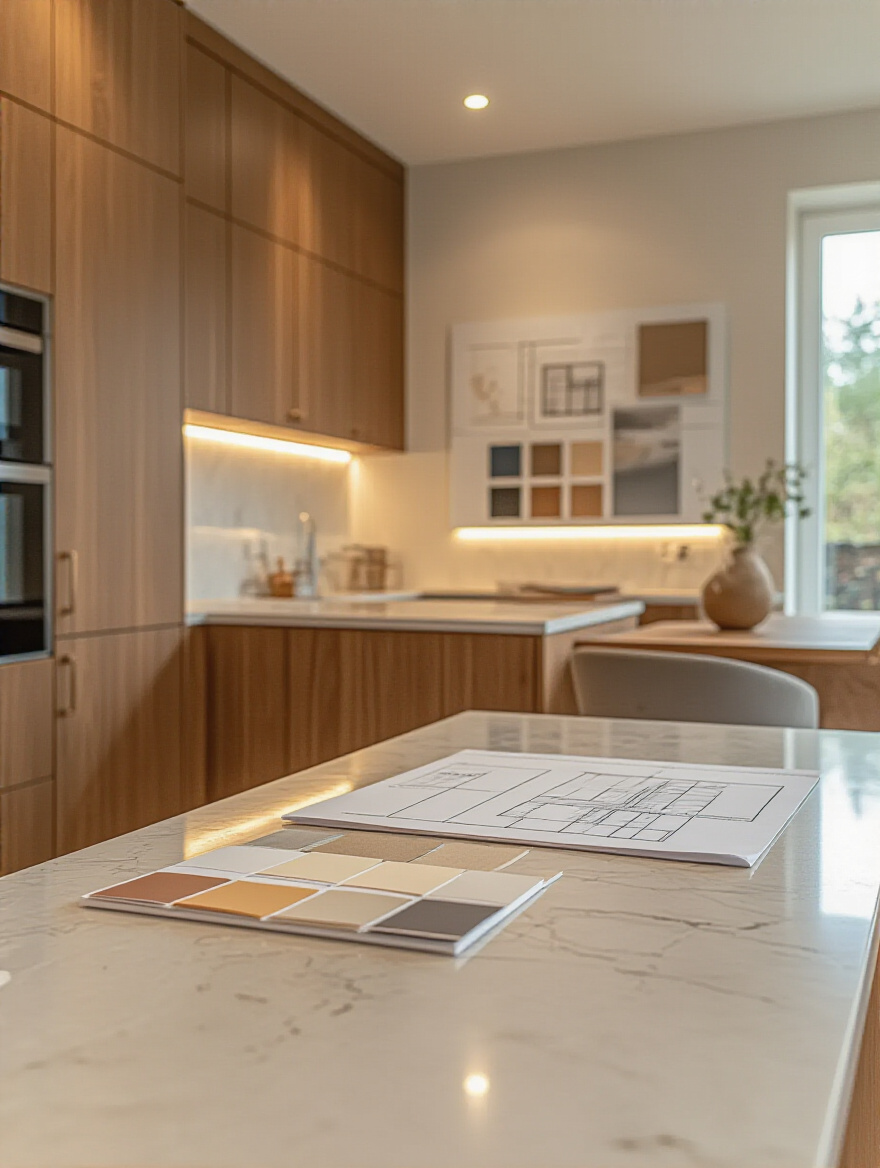 Modern kitchen planning area with design board and materials