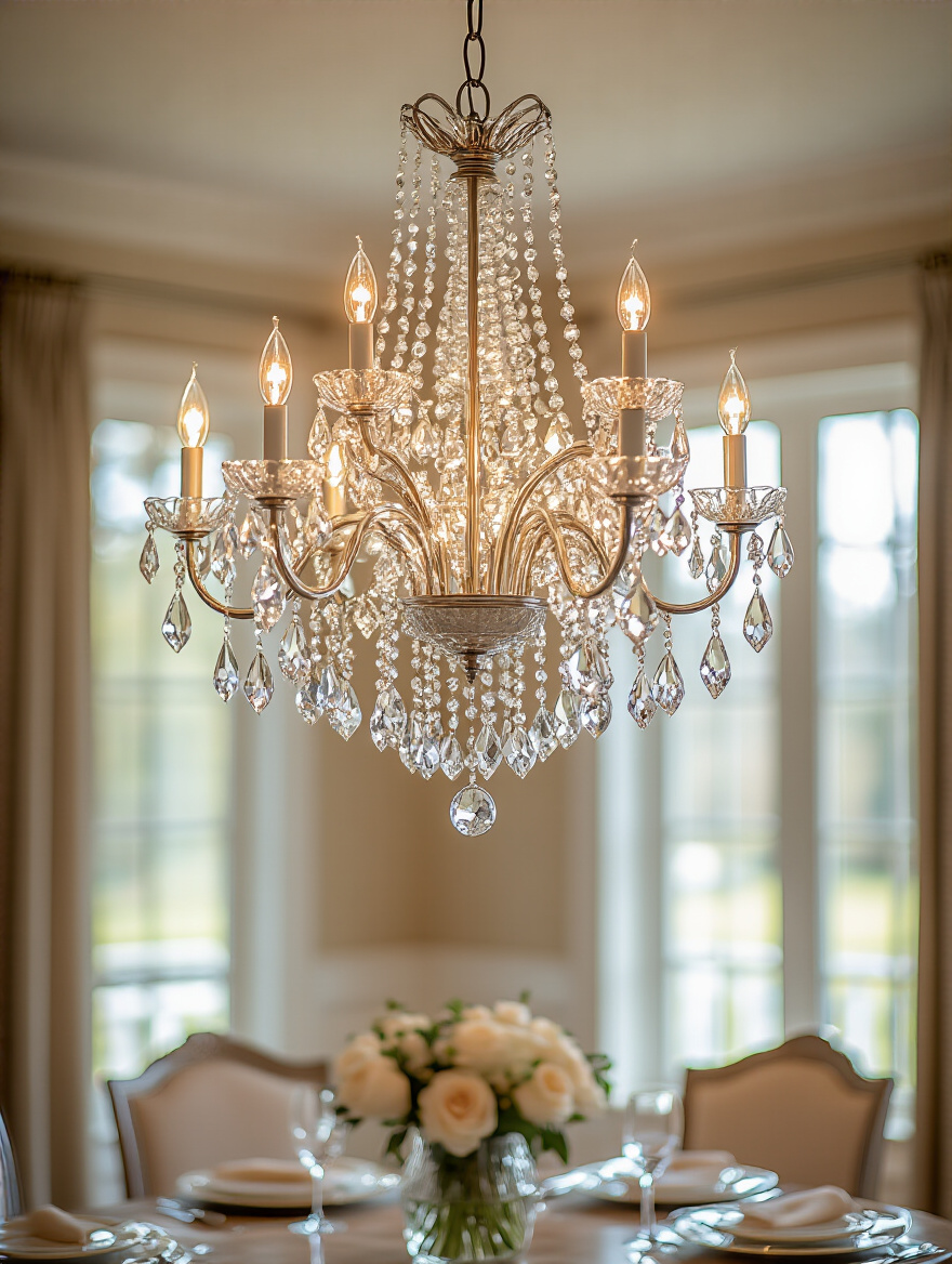 A brilliantly sparkling crystal chandelier in a sophisticated dining room, showcasing optimal shine achieved through a regular cleaning schedule.