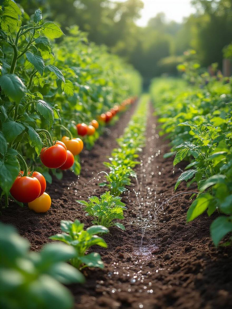 A flourishing home vegetable garden with an efficient drip irrigation system delivering consistent watering directly to the roots of healthy green plants.