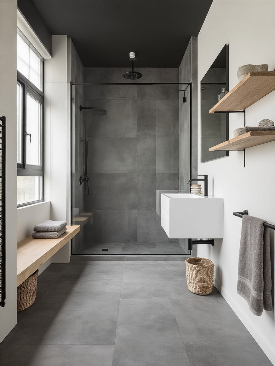 Industrial bathroom with a cohesive color palette of grey, black, white, and earth tones, featuring concrete-effect tiles, a white vanity, and black plumbing fixtures.