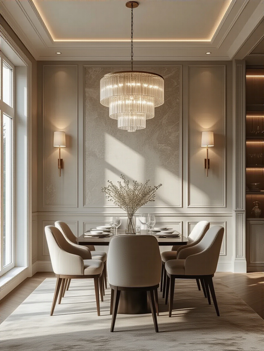 Sophisticated dining room interior with a stylish chandelier, showcasing interplay of natural light from windows, recessed lighting, and wall sconces, illustrating light evaluation.