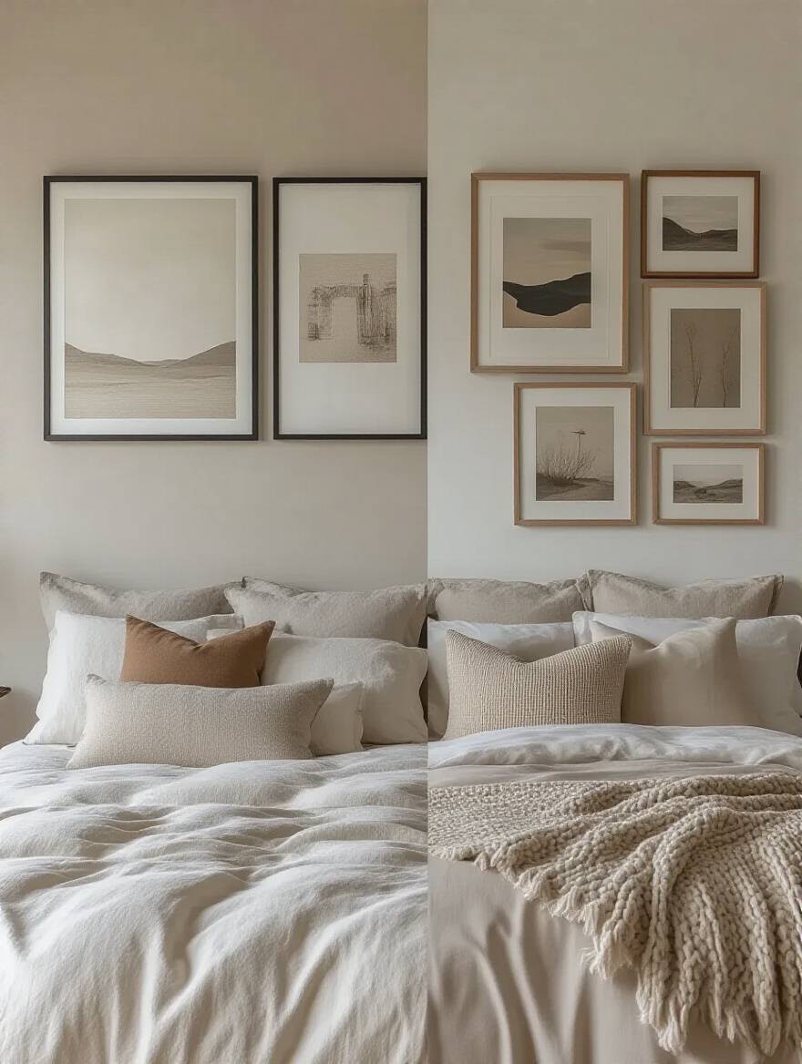 Bedroom showcasing a contrast between symmetrical art prints and asymmetrical art prints on a wall above a bed.