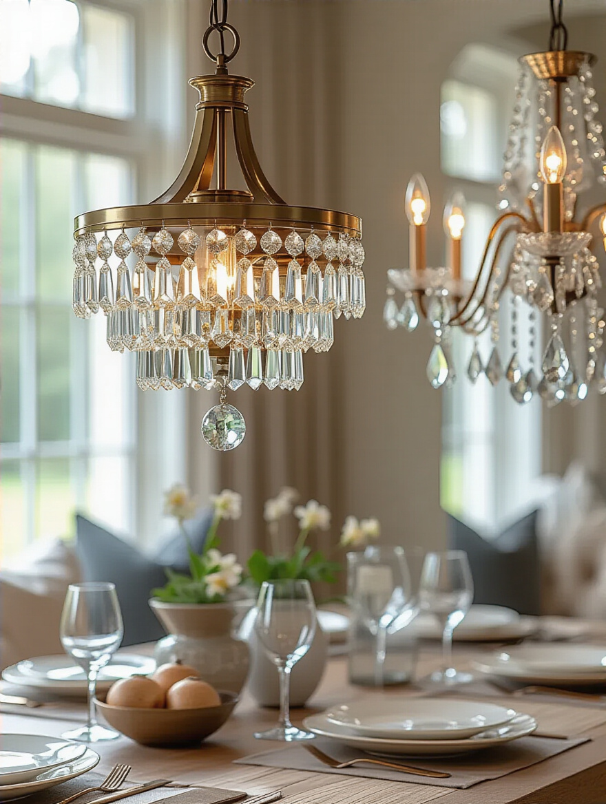 Dining room chandelier showcasing various materials including polished brass, matte black steel, and crystal, highlighting their distinct textures and finishes.