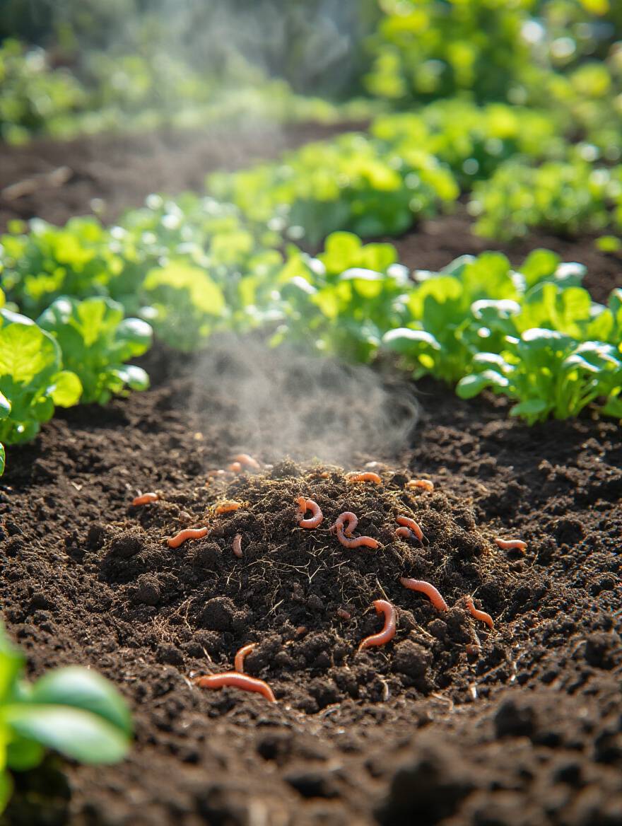 A close-up view of dark, rich garden soil being mixed with compost and aged manure, surrounded by vibrant green vegetable plants, illustrating effective organic amendments for vigorous growth.