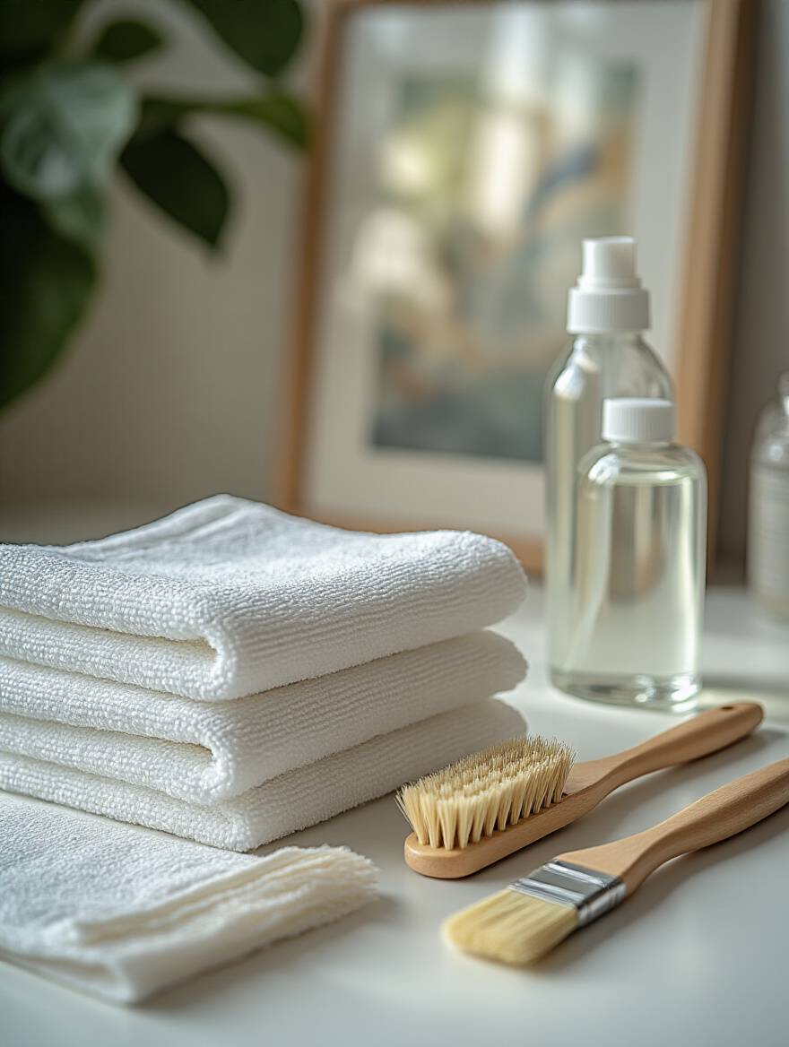 A still life of gentle art print cleaning supplies, including microfiber cloths, a soft brush, and cleaning solution, arranged for frame and glass cleaning.
