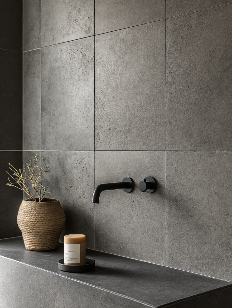 Close-up portrait of concrete-effect industrial bathroom tiles with dark charcoal epoxy grout, accentuating tile form and creating a graphic, gritty urban look.