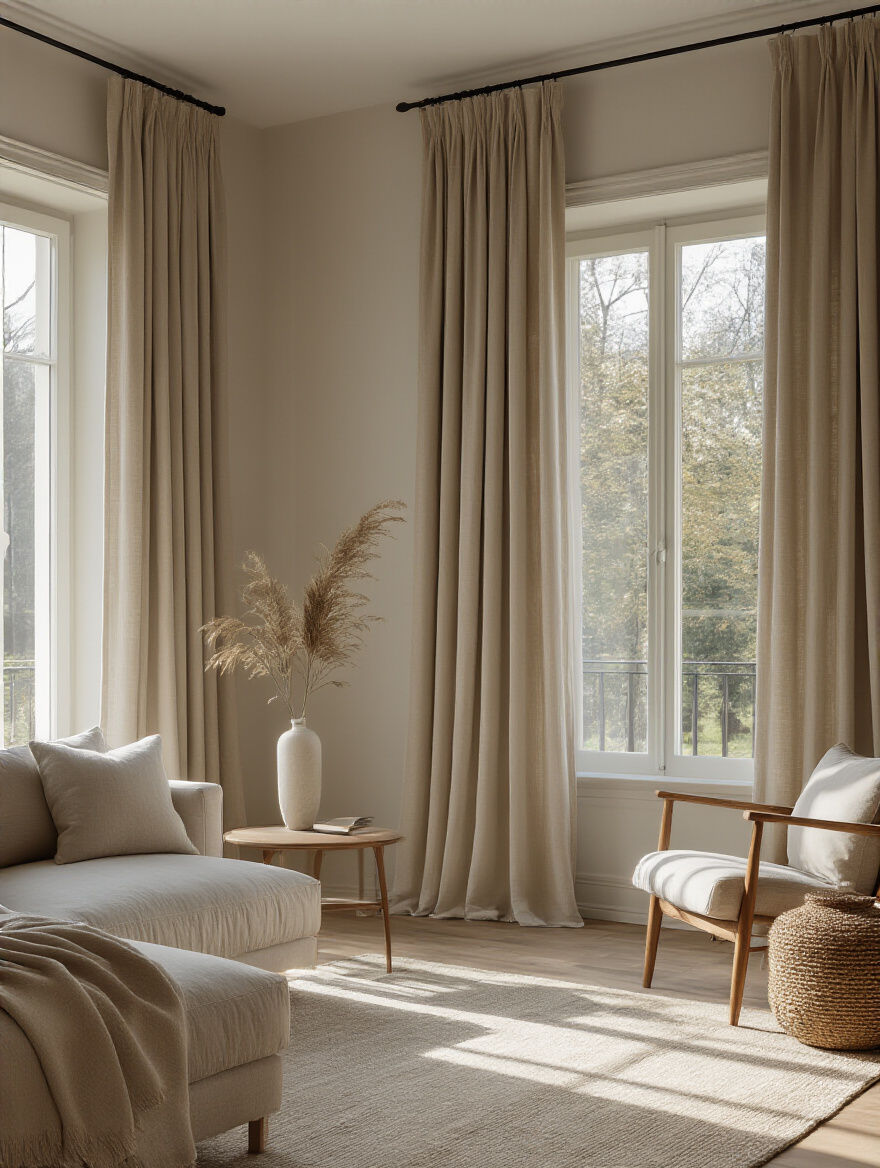 Portrait view of a living room with high and wide curtains framing a large window