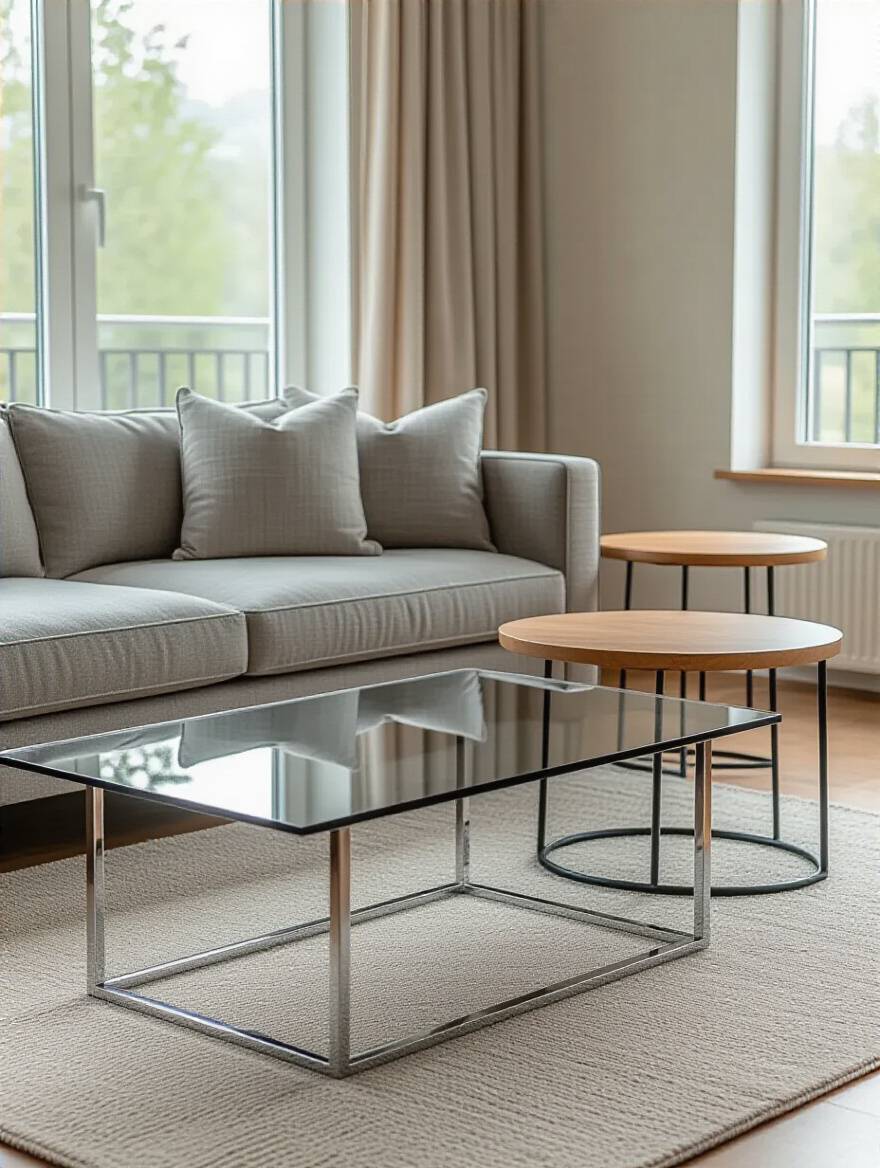 A professional photo of a modern living room featuring a harmonious arrangement of a glass-top coffee table and two wooden end tables with metal frames, styled for both practicality and elegance.