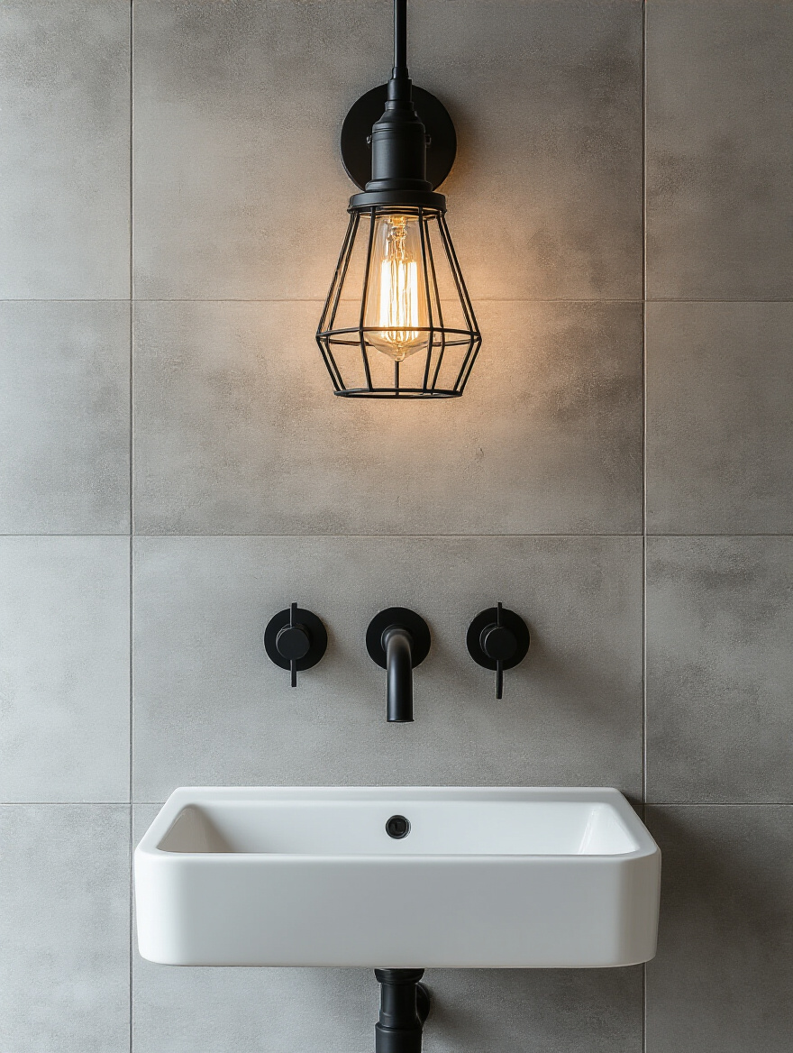 Industrial bathroom with concrete-look tiles, exposed matte black plumbing, and Edison bulb industrial lighting sconce, showcasing harmonized design.
