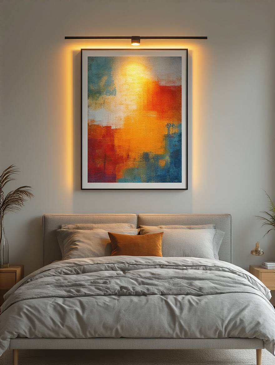 A modern LED picture light illuminating a vibrant abstract art print in a minimalist bedroom, showcasing targeted lighting solutions.