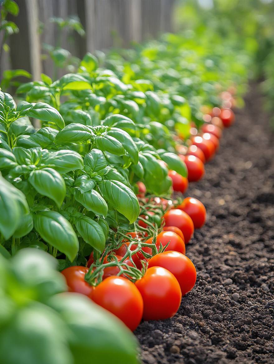 A close-up shot of basil planted between tomato plants in a raised garden bed, illustrating companion planting benefits.