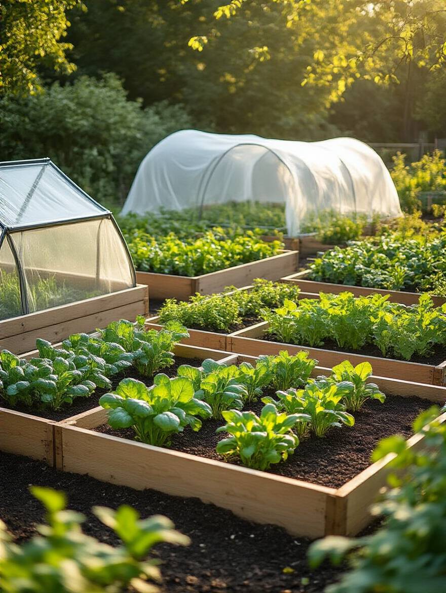 A home vegetable garden featuring garden beds protected by floating row covers on hoops and sturdy wooden cold frames, showcasing season extension techniques in a peaceful garden setting.