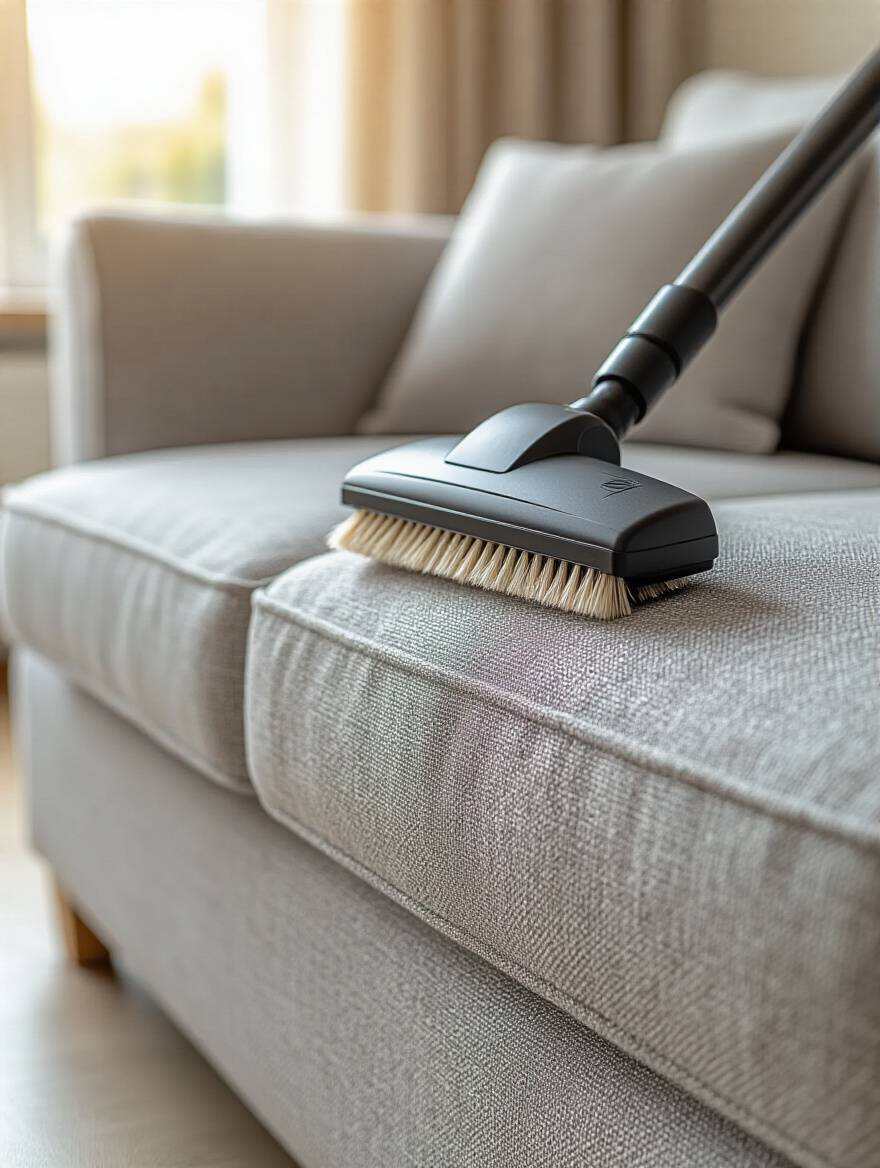 Close-up of a meticulously maintained grey linen sofa cushion being gently vacuumed with a soft brush attachment, emphasizing pristine upholstery.