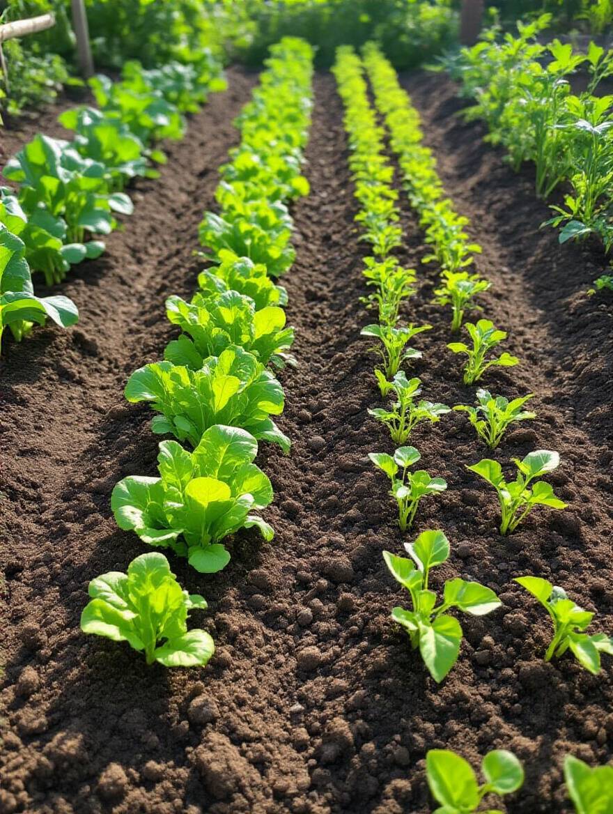 Close-up of a home vegetable garden showing healthy plants in distinct sections with rich, dark soil, illustrating effective crop rotation for improved soil health.