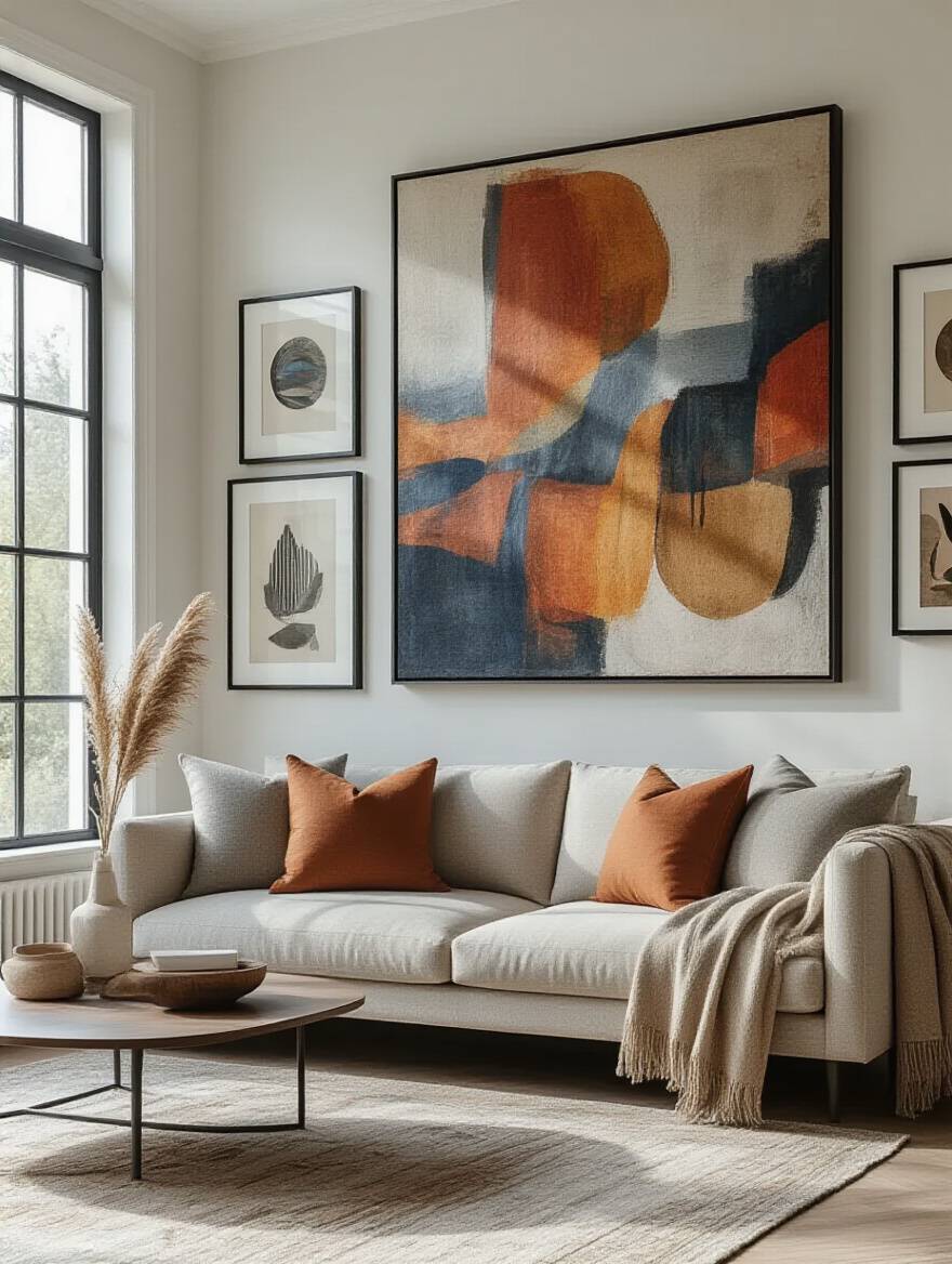 Modern living room with a large vibrant abstract painting above a neutral sofa, and a curated gallery wall featuring various framed artwork and personal touches, serving as a focal point and adding personality.
