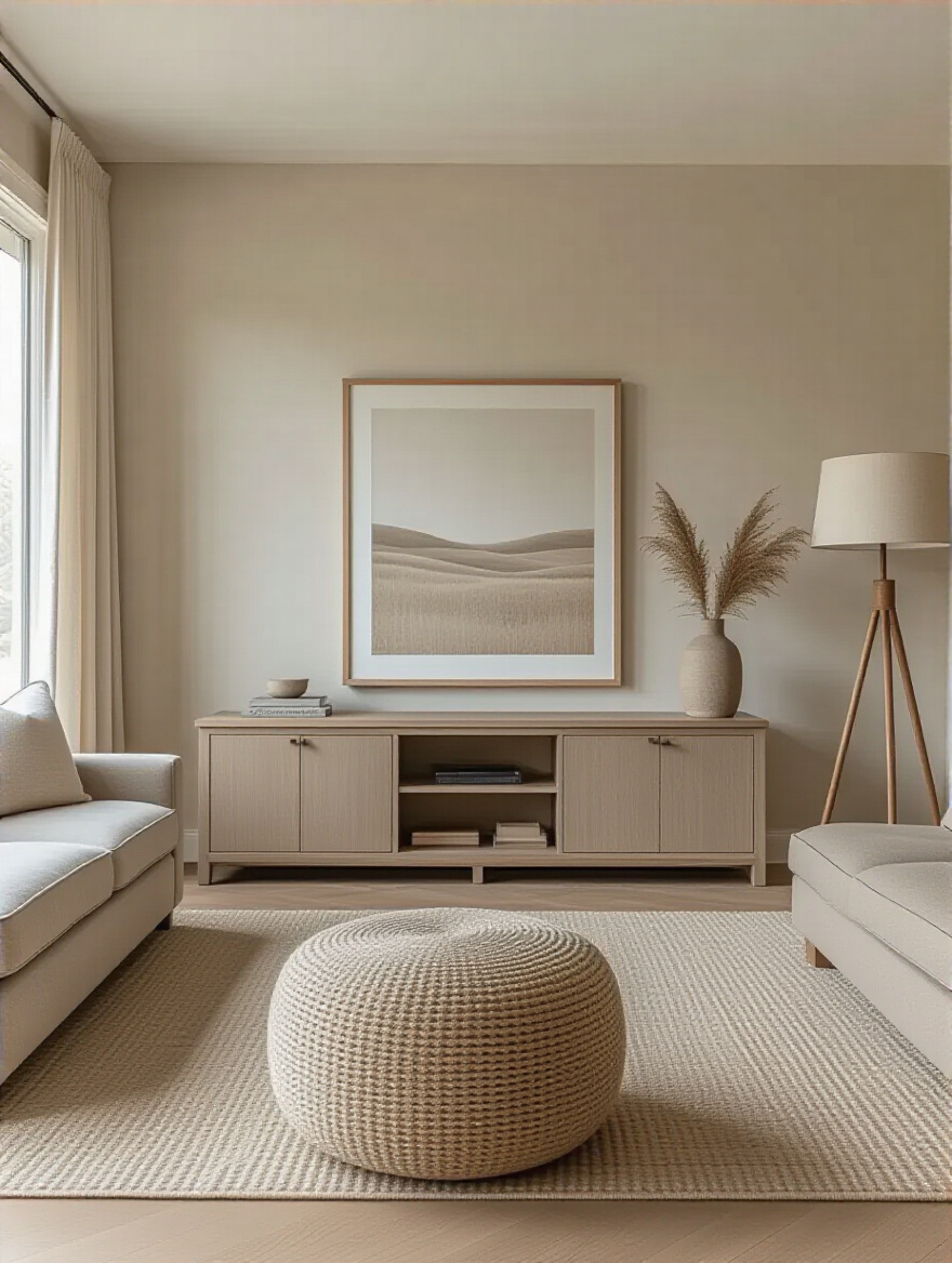 Living room with closed storage cabinets concealing clutter for a serene space