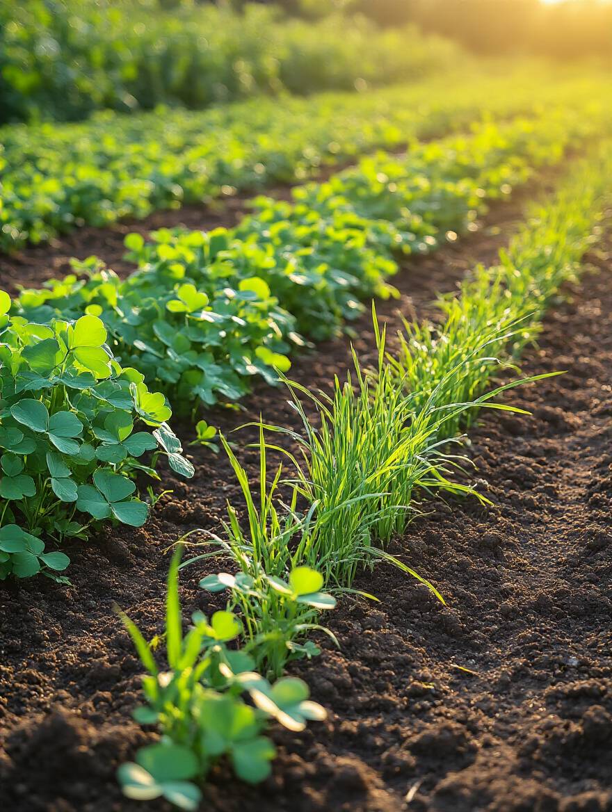A vibrant patch of lush green cover crops, such as clover and rye, establishing in a recently harvested garden bed under soft, golden sunlight, signifying active soil regeneration and health.