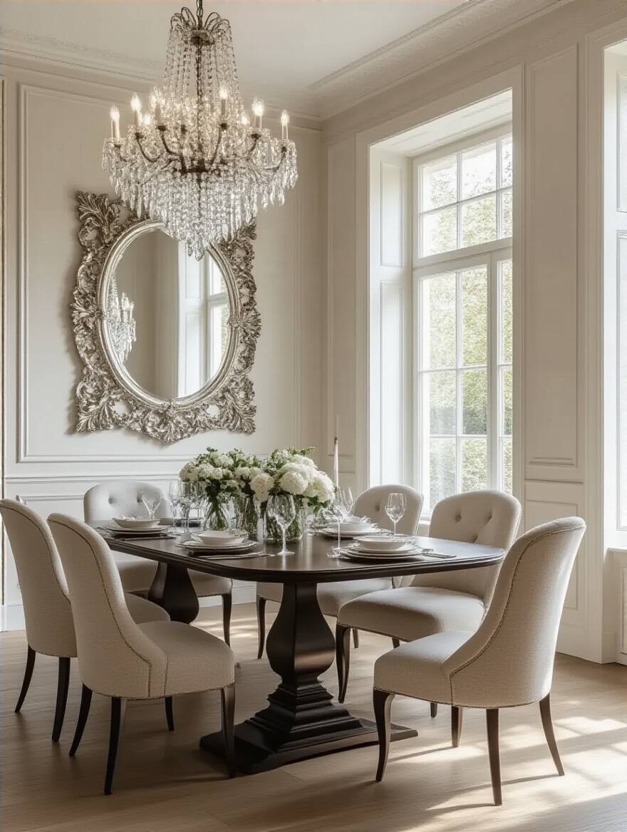 Elegant dining room with a large, decorative framed mirror reflecting natural light, visually expanding the room's perceived size and enhancing its brightness. Features a dark wood dining table and upholstered chairs.