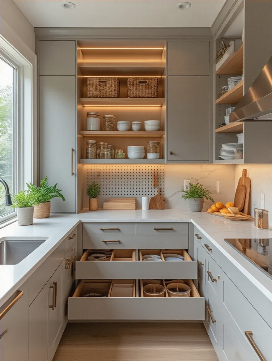 Portrait view of a modern kitchen showcasing space-maximizing storage solutions