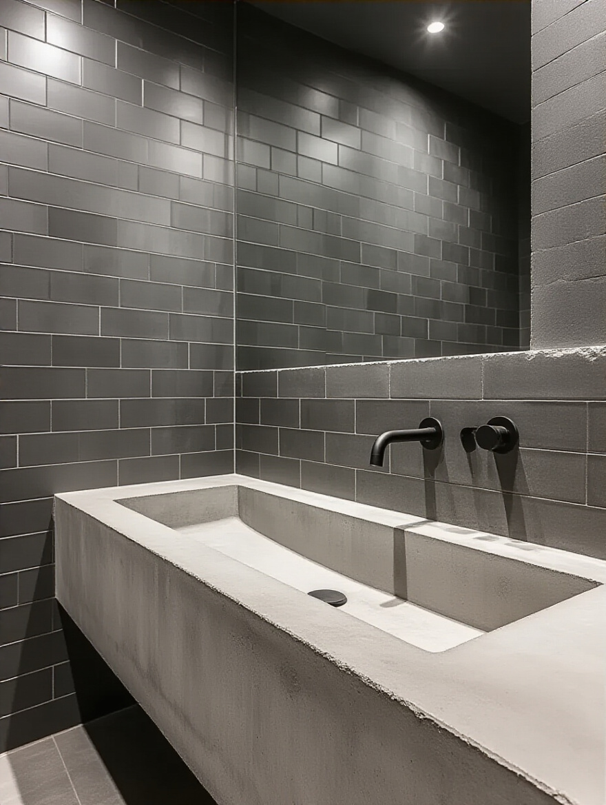 Portrait view of an industrial bathroom featuring a rough concrete vanity with an integrated trough sink and matte grey subway tiles, emphasizing material contrast.