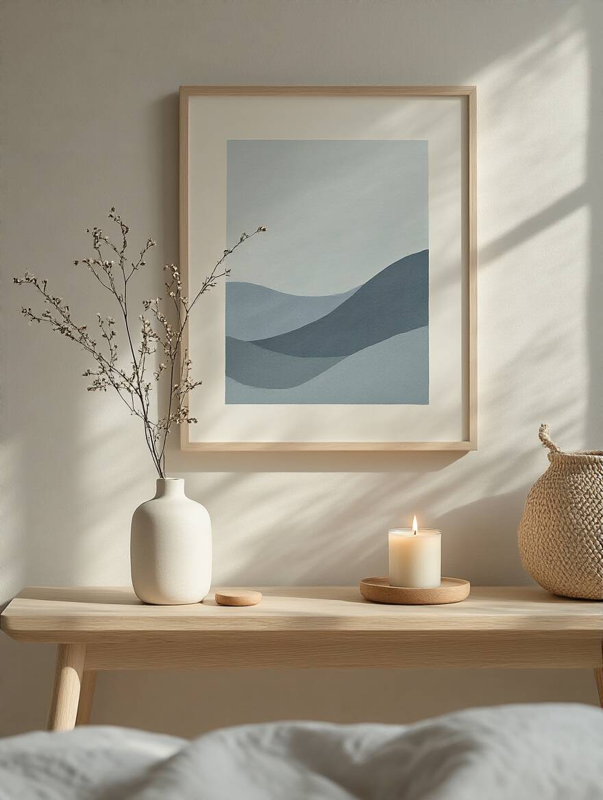 A minimalist bedroom vignette featuring an abstract art print, a ceramic vase with a dried branch, and a scented candle, beautifully showcasing themed decorative objects on a console.