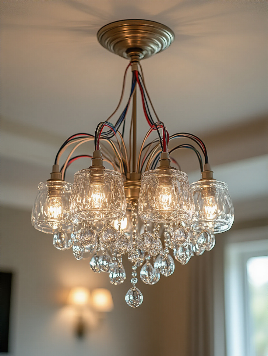Dining room chandelier electrical wiring inspection for safety, showing wires and connections.