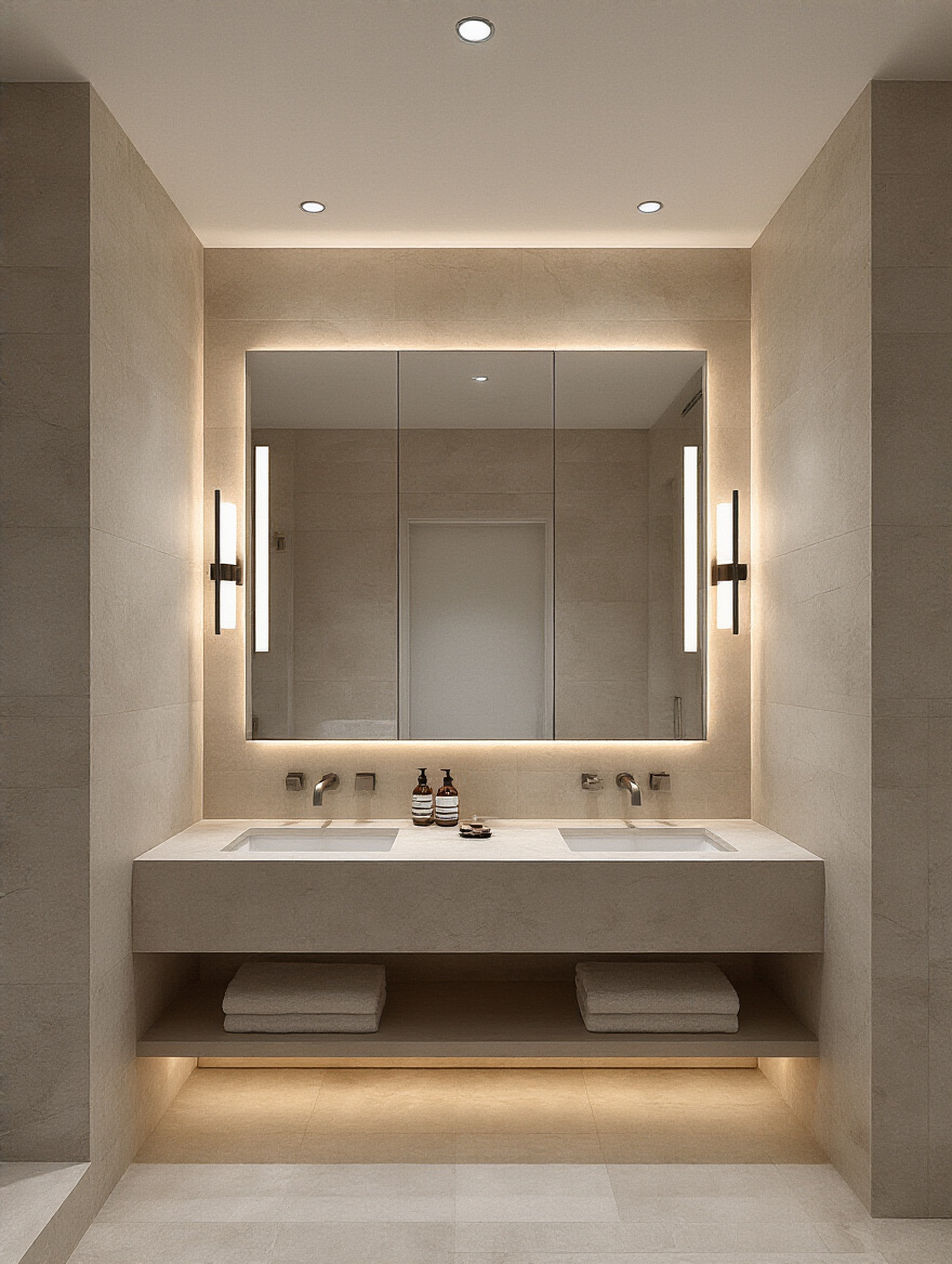 Portrait view of layered bathroom lighting setup